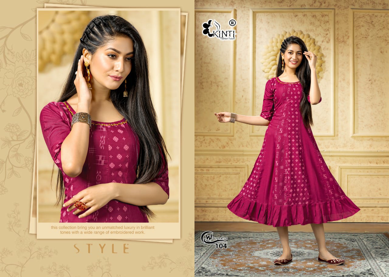Kinti Waves Rayon Printed Ethnic Wear Designer Latest Anarkali Kurti Collection